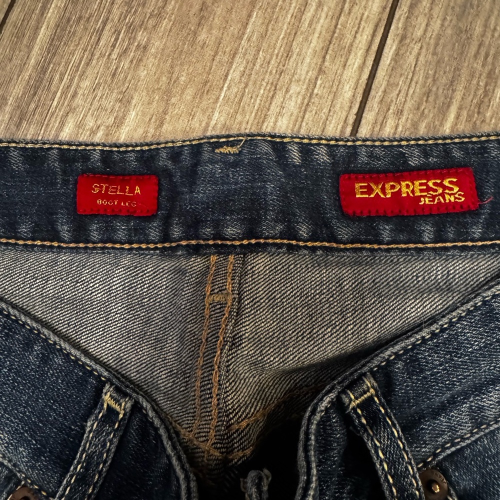 VINTAGE 1997 Express Bootcut Jeans Blue Distressed Denim Button Zip Women's